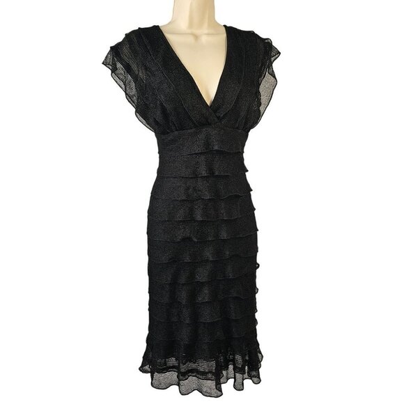 Max Studio Tiered Ruffle Little Black Dress Deep V Neck Flutter Sleeve Womens S - Picture 1 of 9
